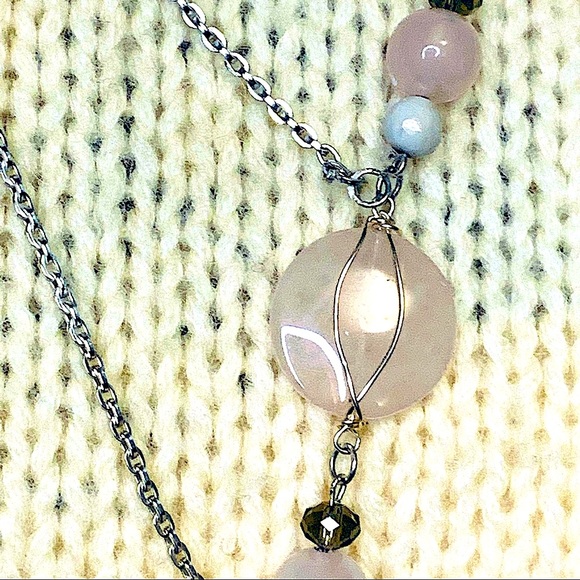 Sterling Silver Rose Quartz Precious Stone Asymmetrical Necklace/ Earrings Set. - Picture 9 of 9
